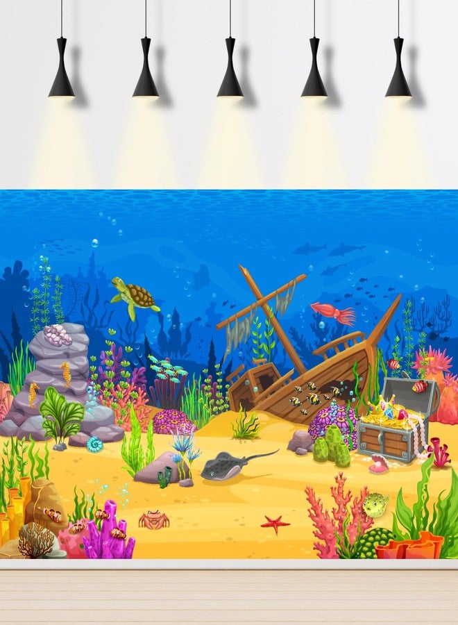 CaterRina Cartoon Underwater Landscape Aquarium Background Tropical Coral Reef Sunken Ship with Sea Animals Terrarium Background Deep Blue Ocean Fish Crab Treasure Chest Sea Turtle Fish Tank Backdrop 30x12in - Image 3